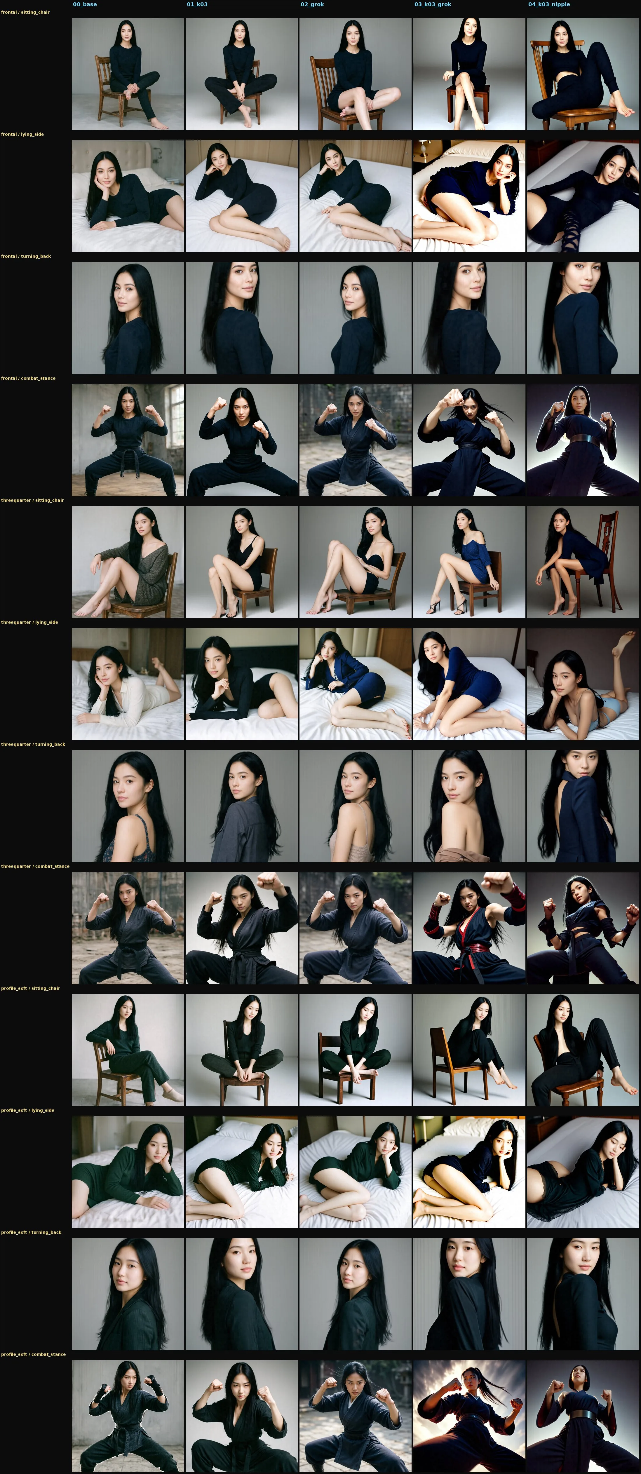 Figure 4: Axis A4 (pose substitution) 对照网格。12 行 = 3 ref × 4 prompt,5 列 = C0..C4